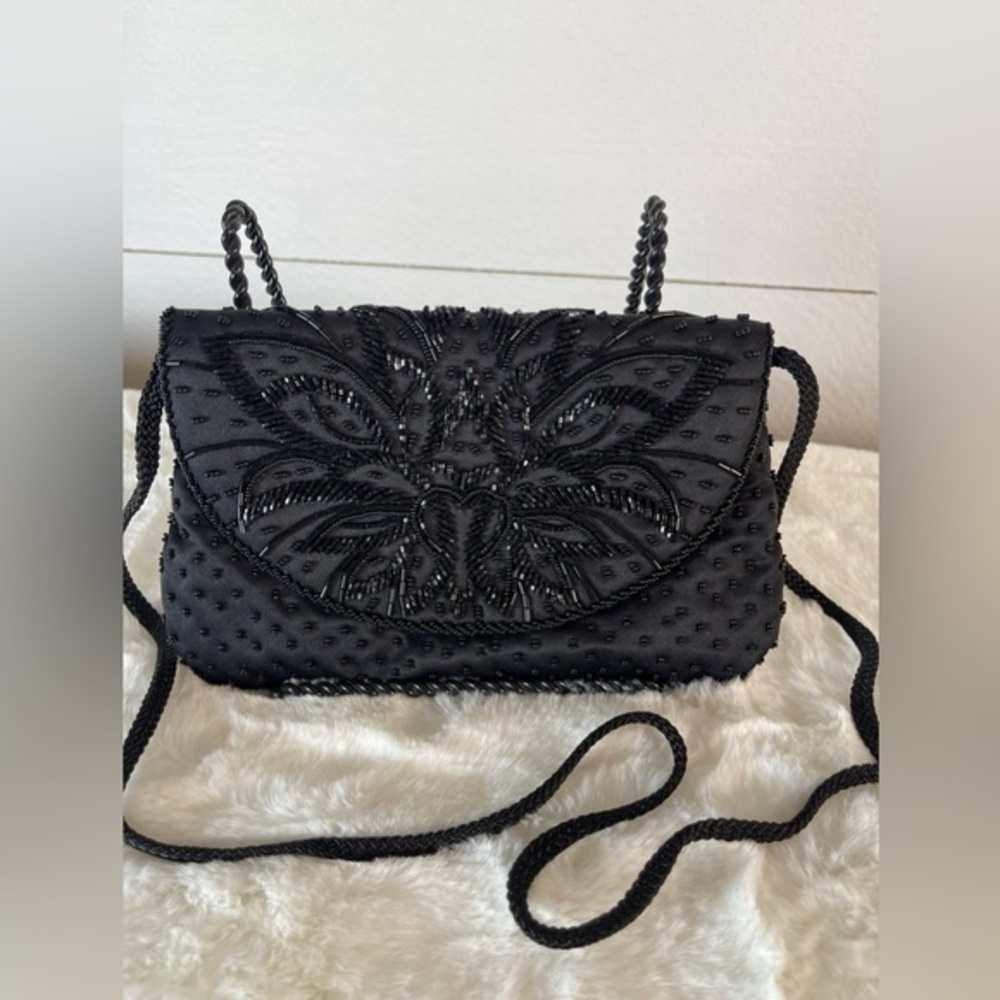 Small Black Clutch Evening Purse With Beaded Design and Braided Strap by Genie